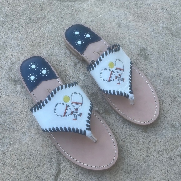 Jack Rogers Pickleball Embroidered White Whipstitch Flat Sandal Women's Size 8.5 - Picture 1 of 7